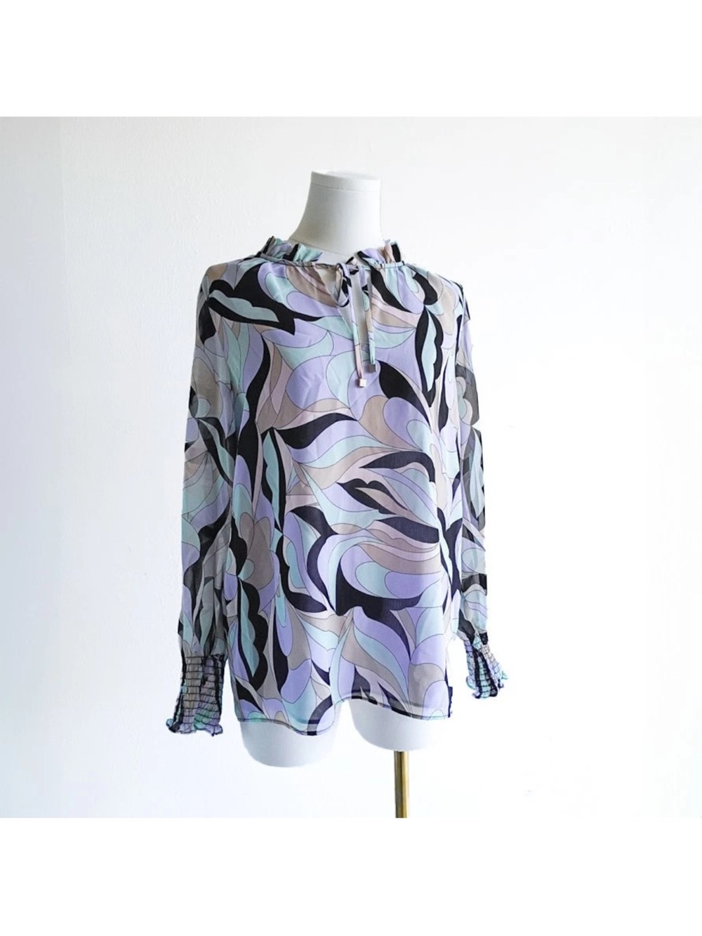 Calvin Klein Lavender, Black & Pale Blue Swirl Tie-Neck Blouse